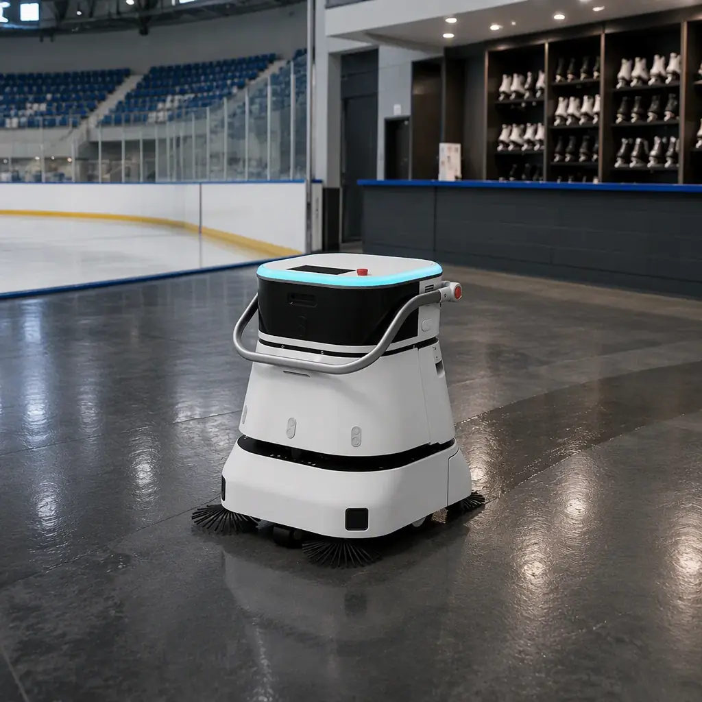 CLEINBOT C2 Pro floor scrubbing robot cleaning the concourse of an indoor ice rink arena, skate rental counter and arena seating in the background, cool arena lighting