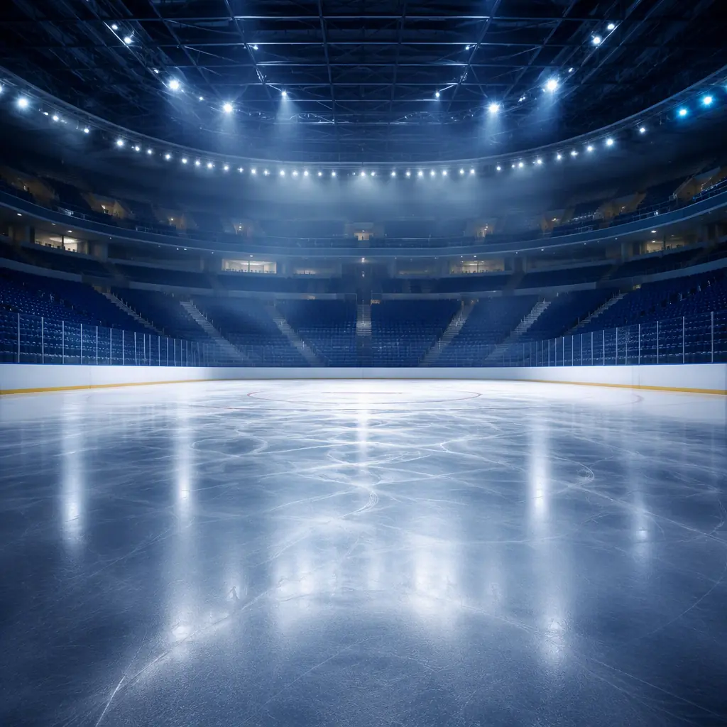 Abstract indoor ice rink arena with a smooth frozen sheet in the foreground, empty spectator seating rising in tiers, cool blue-white arena lighting with soft reflections on the ice, no robots, no people