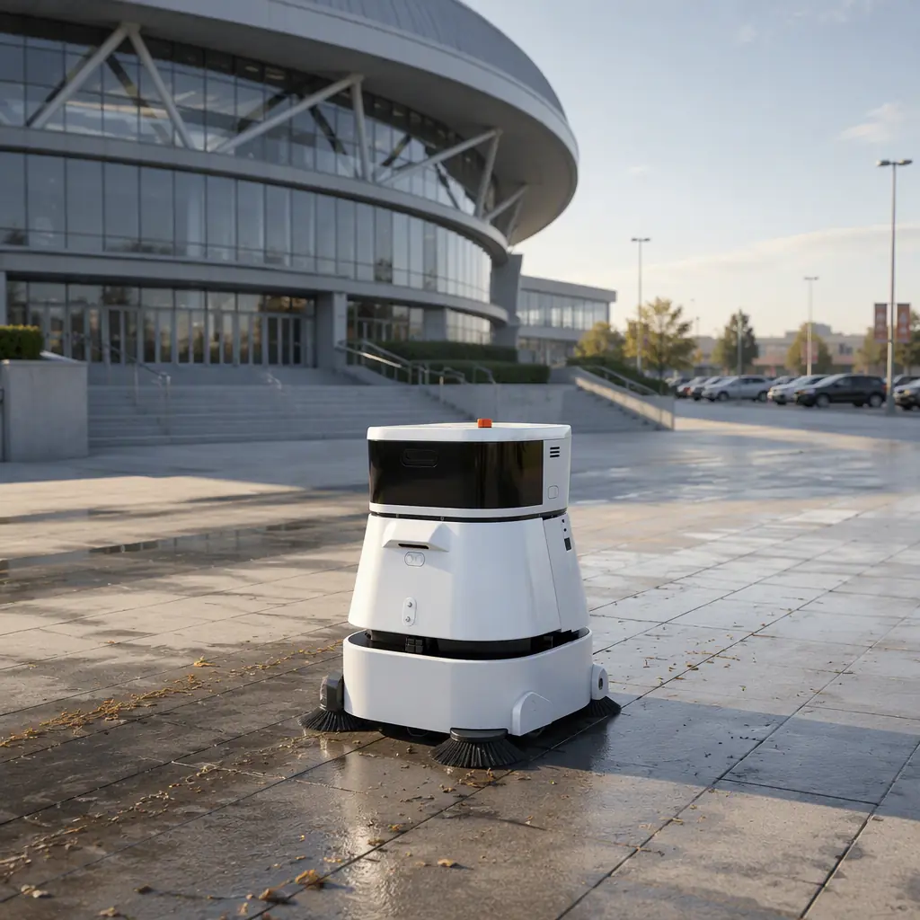 CLEINBOT CC201 outdoor sweeping robot cleaning the entrance plaza of an indoor sports complex, arena facade and parking lot in the background, morning light