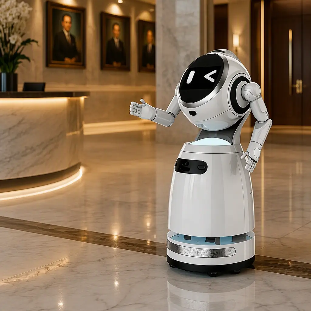 CRUZR humanoid concierge robot in the marble lobby of a law firm, reception desk and partner portraits in the background, warm professional lighting