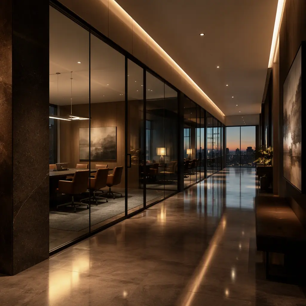Abstract modern law office corridor at dusk, glass-walled conference rooms with soft warm light, polished hard flooring reflecting ceiling lights, quiet professional mood, no people