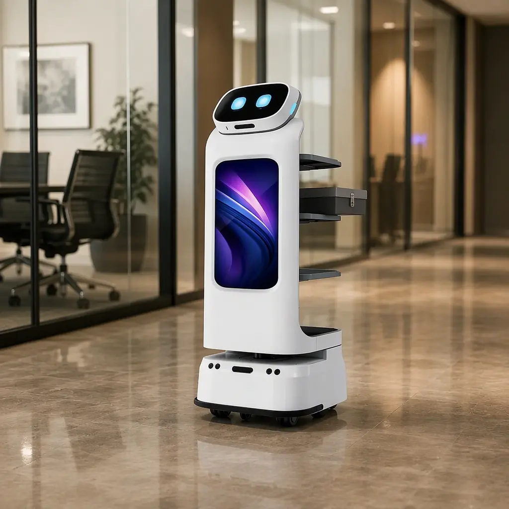 CADEBOT L100 autonomous delivery robot moving a sealed document tray along the polished corridor of a law firm office floor, glass-walled conference rooms in the background, soft professional lighting