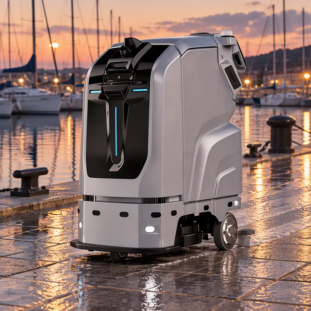 Autonomous cleaning machine working a paved marina quayside beside mooring cleats and water at dusk, no people and no text