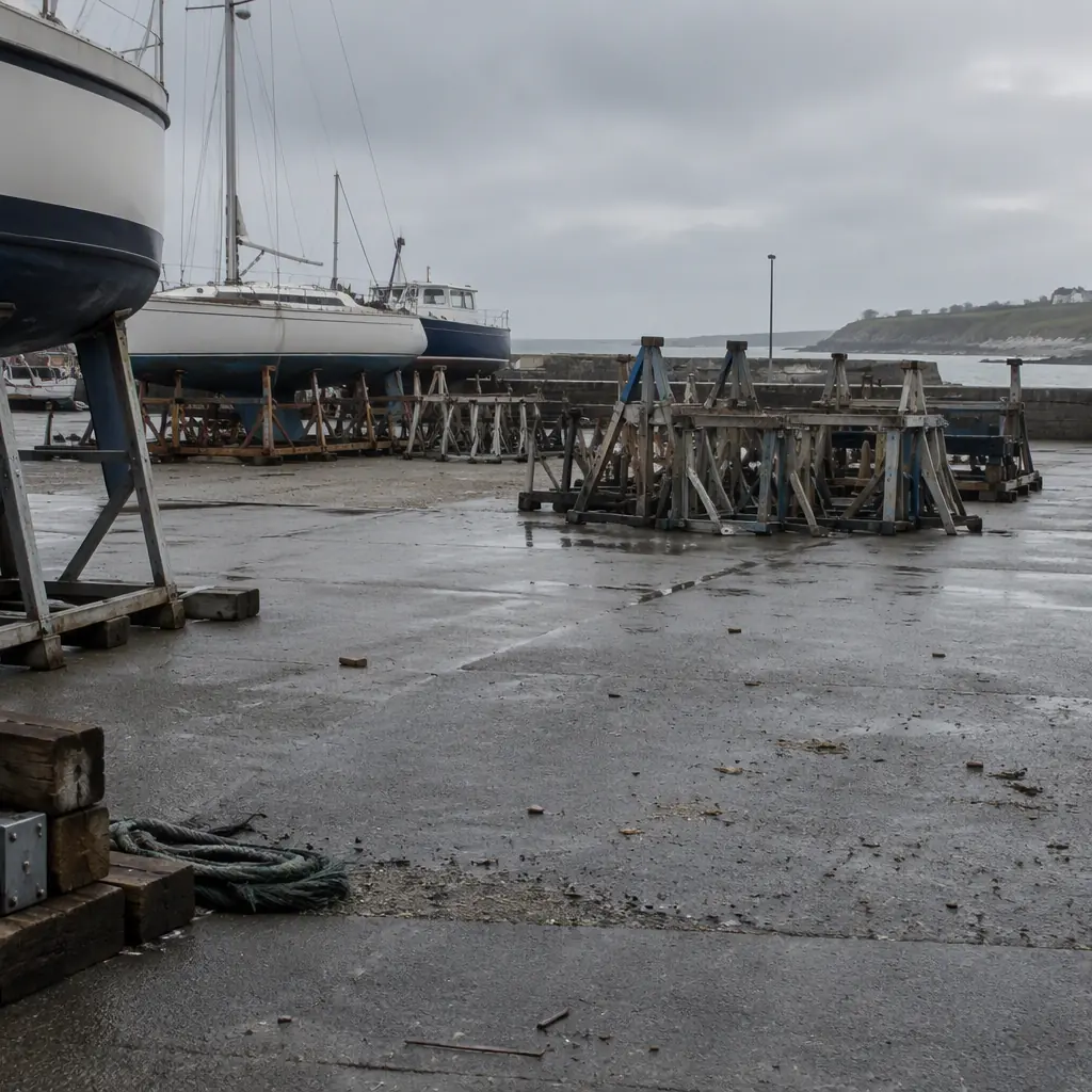 Photorealistic view of a hardstanding boat yard apron with traction grit and damp paving beside stacked boat cradles under overcast coastal light, no people and no readable text