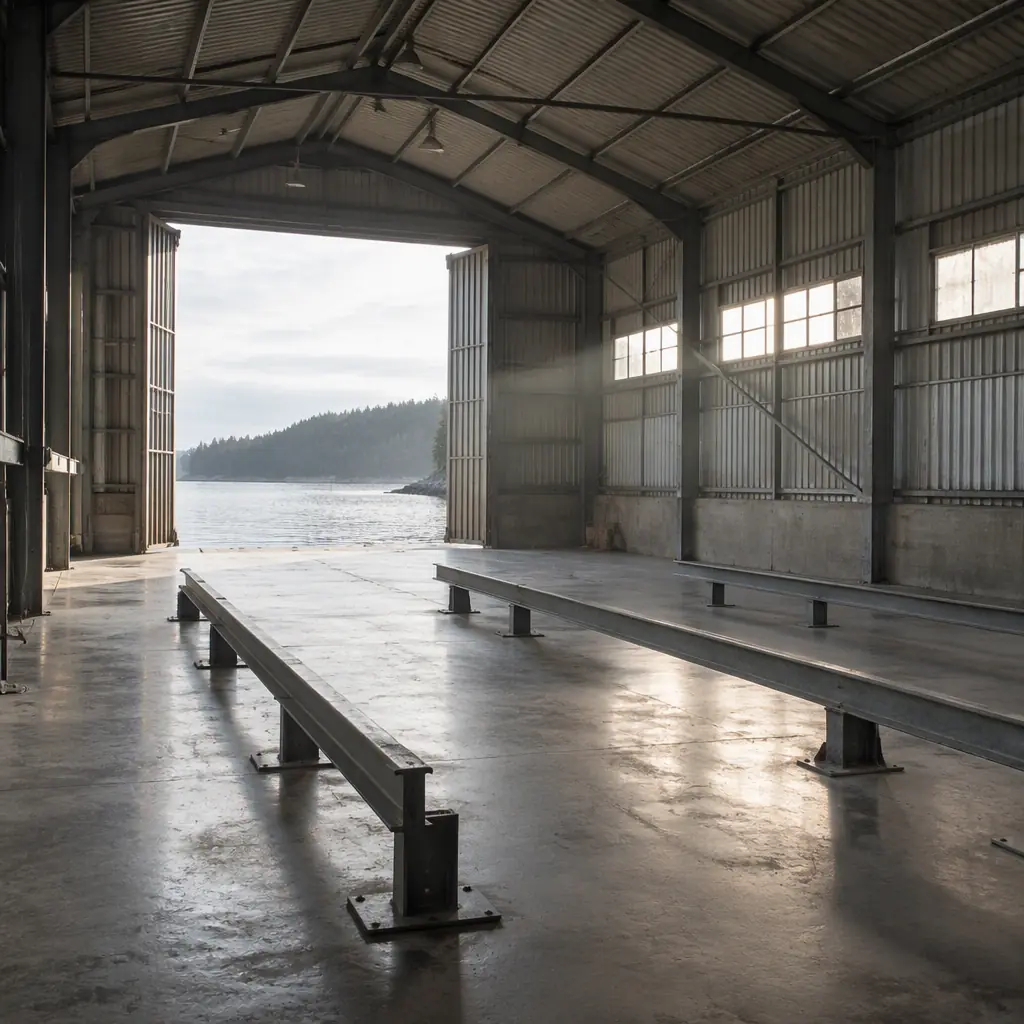 Photorealistic covered boat shed interior with a concrete floor and empty cradle rails under diffuse daylight from open doors, no people and no machines and no text