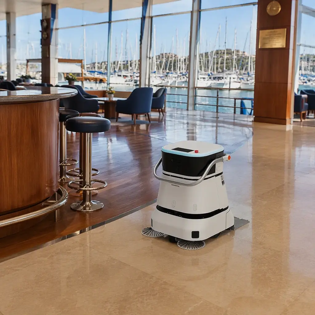 CLEINBOT C2 Pro floor scrubbing robot cleaning the lounge floor of a yacht club, floor-to-ceiling windows overlooking the marina, bright daylight