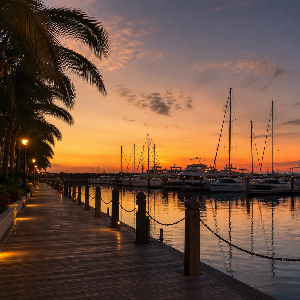 Abstract marina boardwalk at golden hour, timber walkway with soft reflections, docked boats silhouetted in the background, calm water, no robots, no people