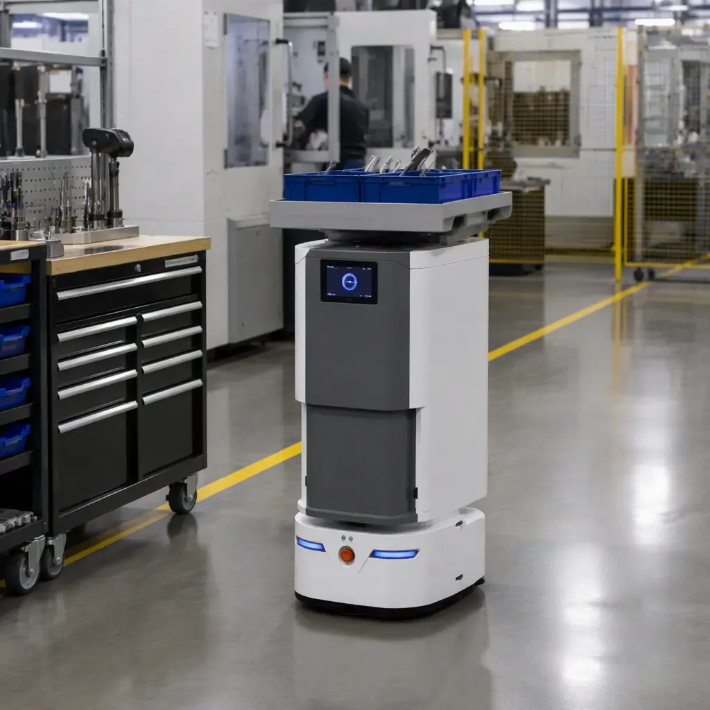 AOMAN DOUBLE delivery robot carrying a loaded hardware kit tray from a tool crib toward CNC machining cells in a metal fabrication shop, machine tools and safety barriers in the background, industrial lighting