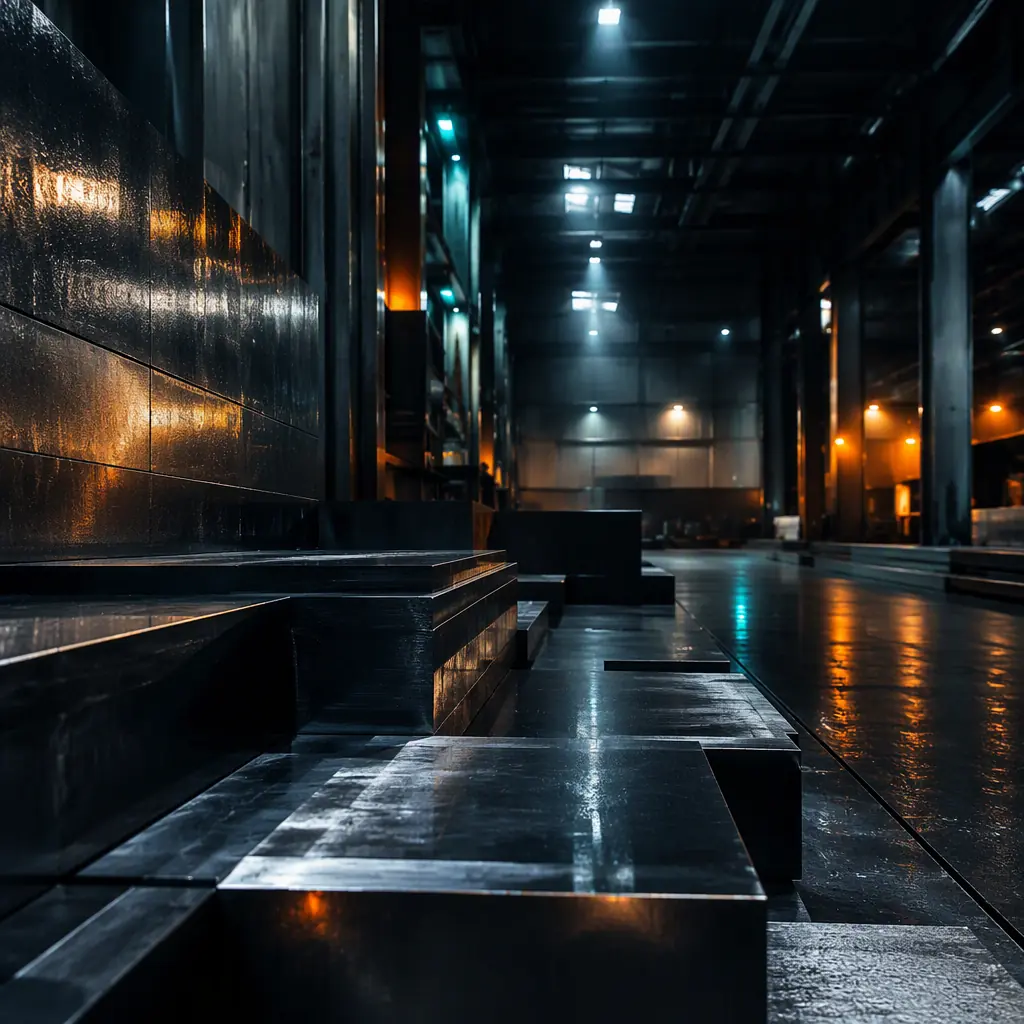 Abstract metal fabrication shop atmosphere, machined steel surfaces with sharp geometric reflections, cool gunmetal grays with amber sparks of light and subtle cyan accents, deep perspective of a machine bay with overhead lighting, industrial mood