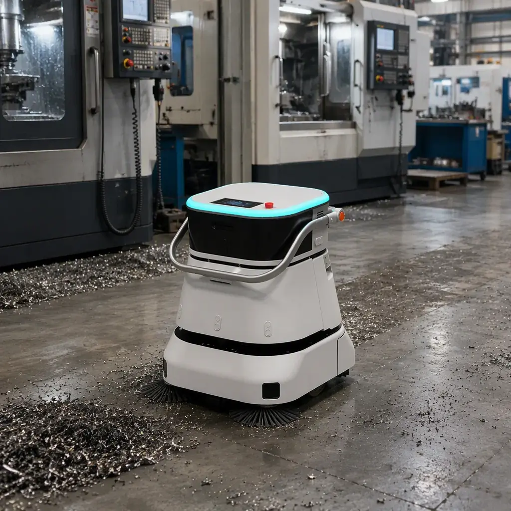 CLEINBOT C2 Pro compact floor cleaning robot vacuuming metal fines and swarf from the floor between CNC machines in a fabrication shop, machine tools in the background, bright workshop lighting