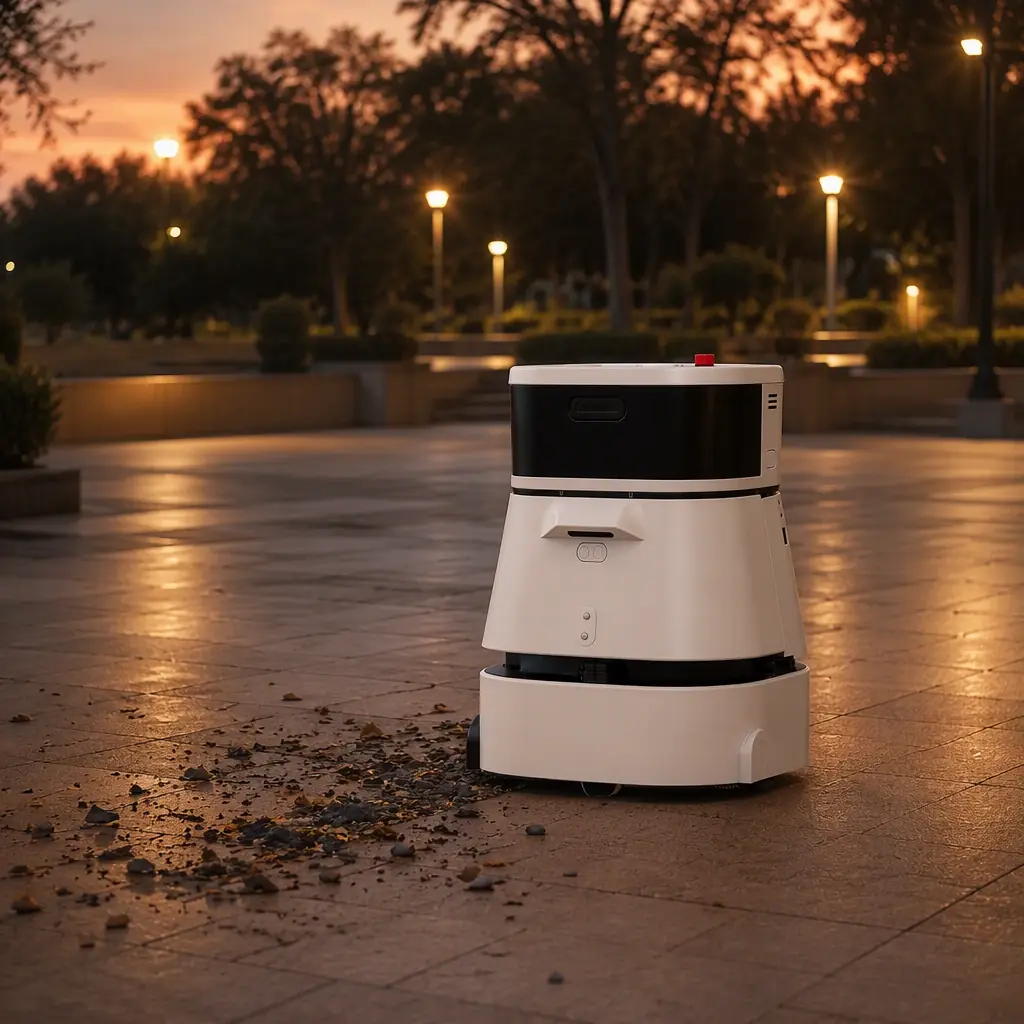 CLEINBOT CC201 autonomous outdoor sweeper cleaning a paved park plaza after hours, photorealistic
