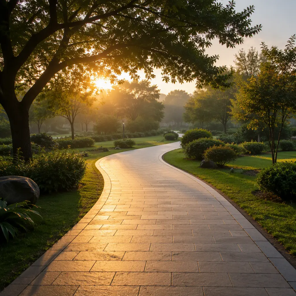 Empty paved park pathway at dawn with golden light, clean surface, no robots, no people, no text, no logos