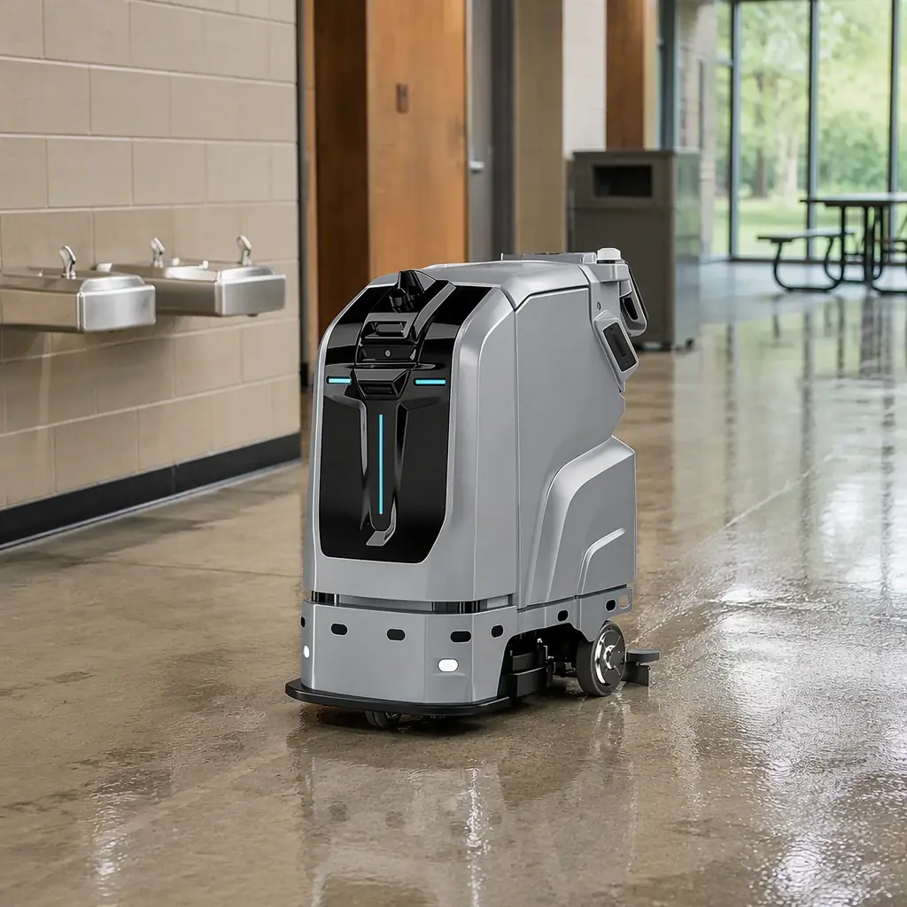 CLEINBOT M79 indoor scrubber cleaning a park recreation building floor, photorealistic