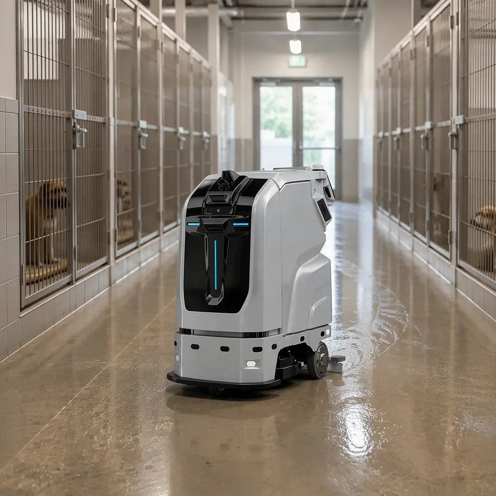 CLEINBOT M79 autonomous floor scrubbing robot cleaning the kennel corridor of a pet boarding facility, rows of kennel suites on both sides, bright clean lighting