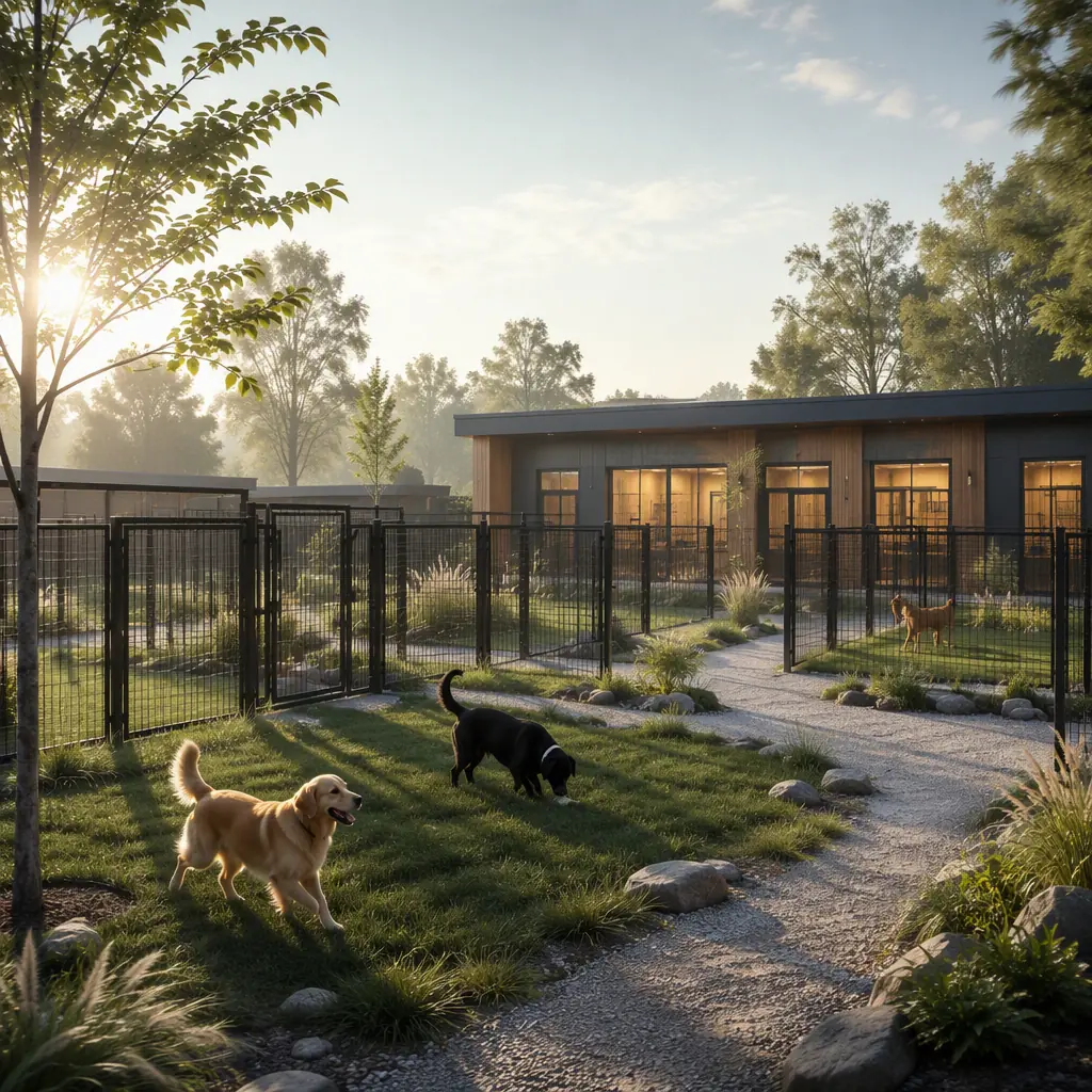 Abstract pet care facility exterior at morning light, fenced exercise yards with soft grass and gravel paths, boarding building with warm windows in the background, fresh clean outdoor mood, no robots, no animals