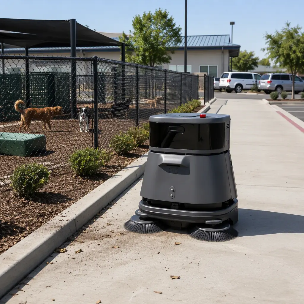 CLEINBOT CC201 outdoor sweeping robot cleaning the paved exercise-yard perimeter of a pet boarding facility, fenced dog runs and a parking area in the background, morning daylight