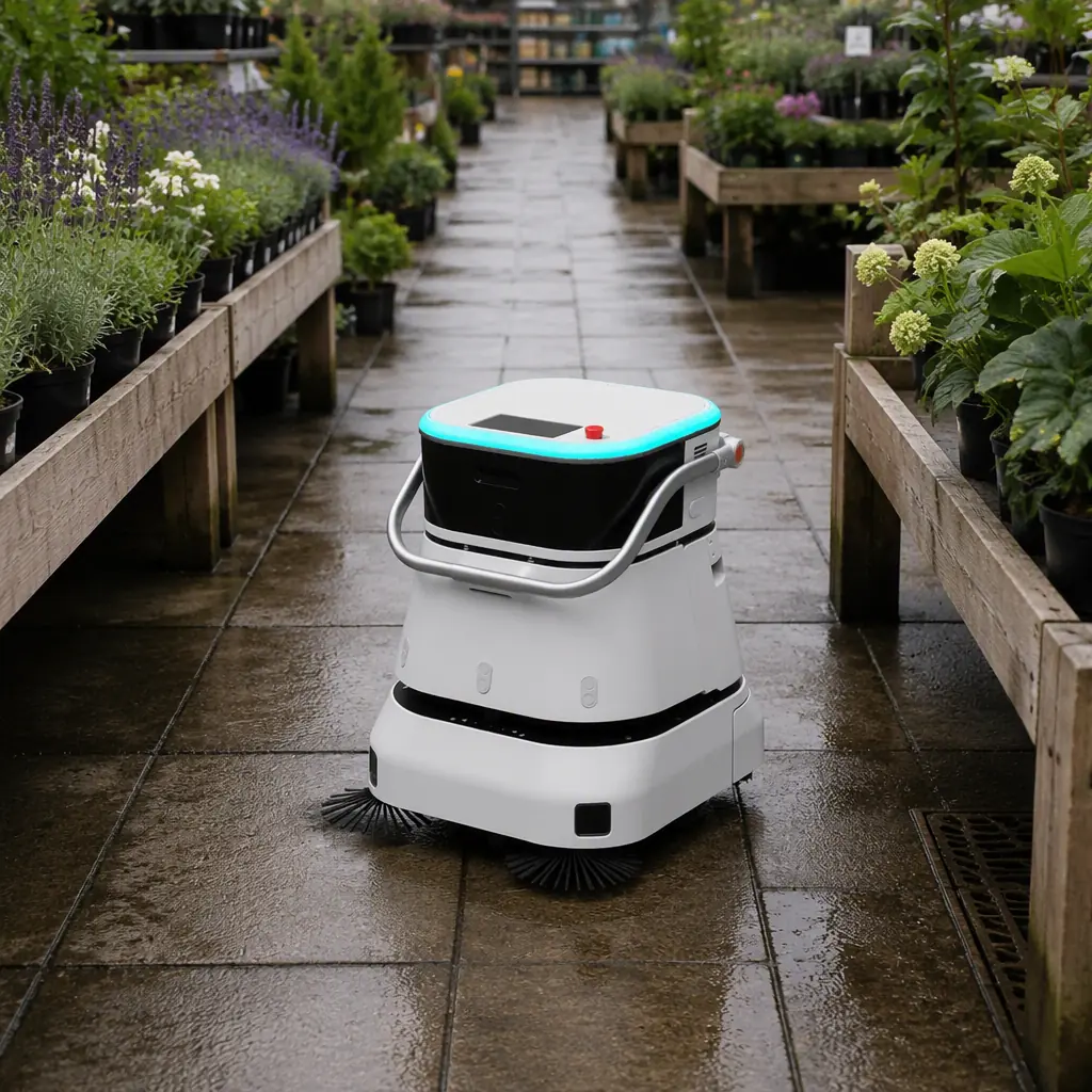 Autonomous cleaning machine working a paved aisle between plant beds at a garden centre retail area