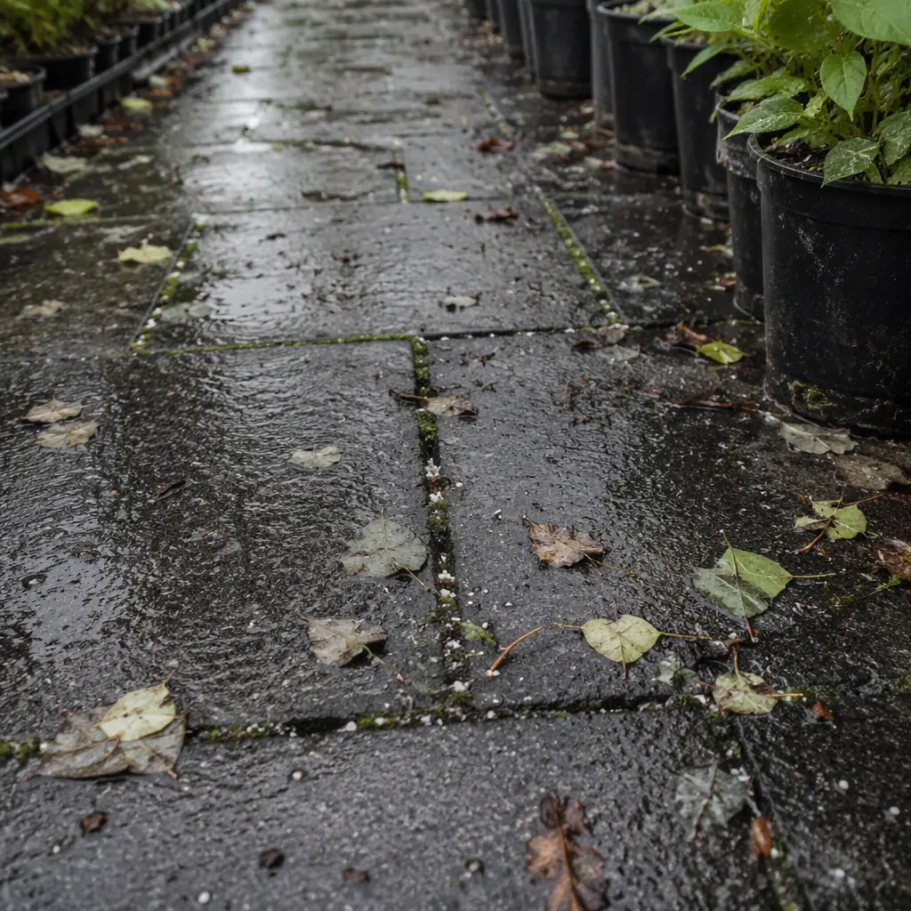 Ground-level photograph of dark wet paving in a plant nursery aisle with fallen leaves and scattered potting material, moisture visible on the surface, no people and no readable text