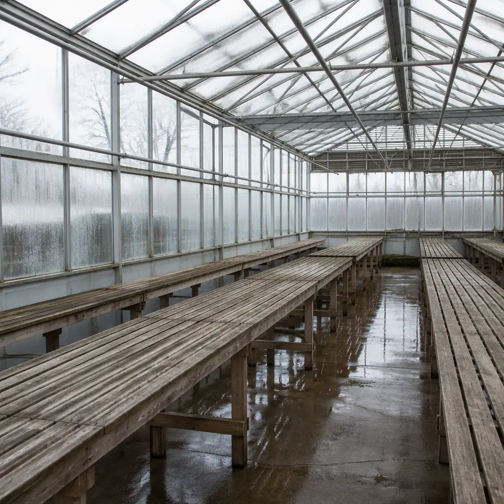 Row of empty plant benches under a glasshouse roof with pale winter light on wet concrete flooring, no people, no machines, no text
