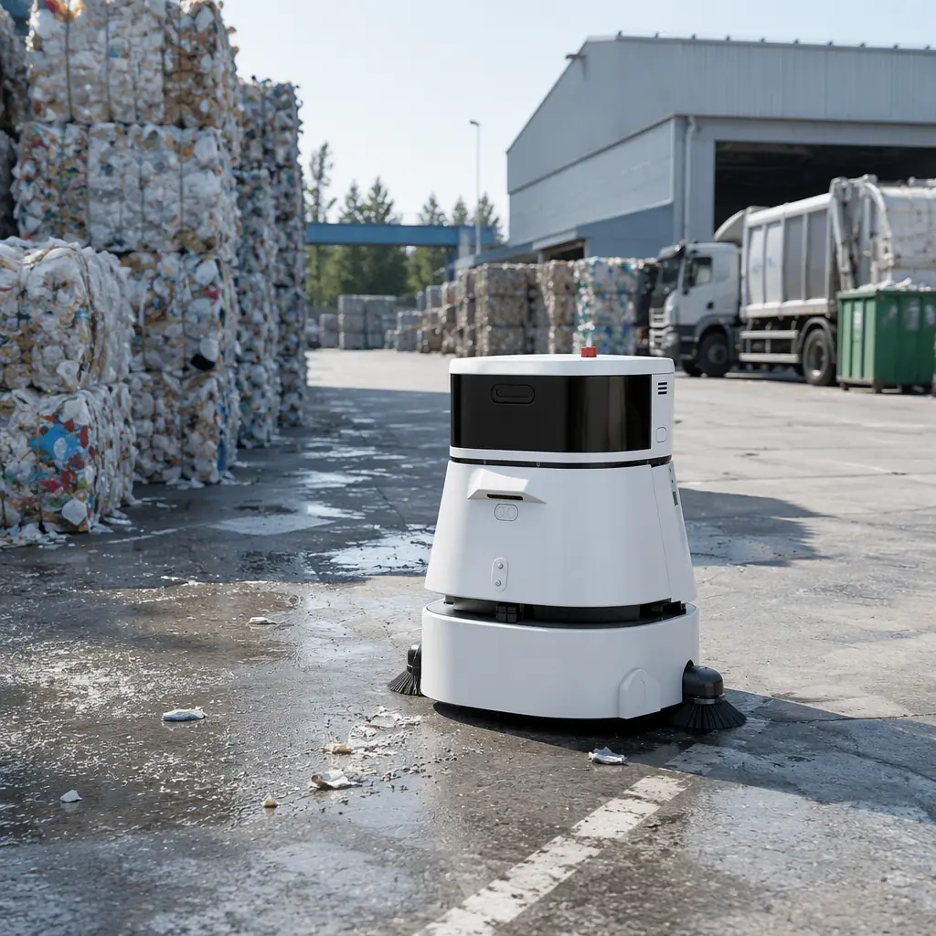 CLEINBOT CC201 outdoor sweeping robot cleaning the yard of a recycling facility, bales of recyclables and collection trucks in the background, industrial morning light
