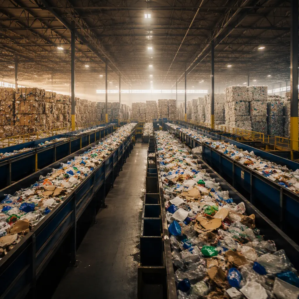 Abstract materials recovery facility interior, long conveyor sorting lines with recyclable material streams, stacked bales of cardboard and plastic in the background, industrial high-bay lighting with soft haze, no robots, no people