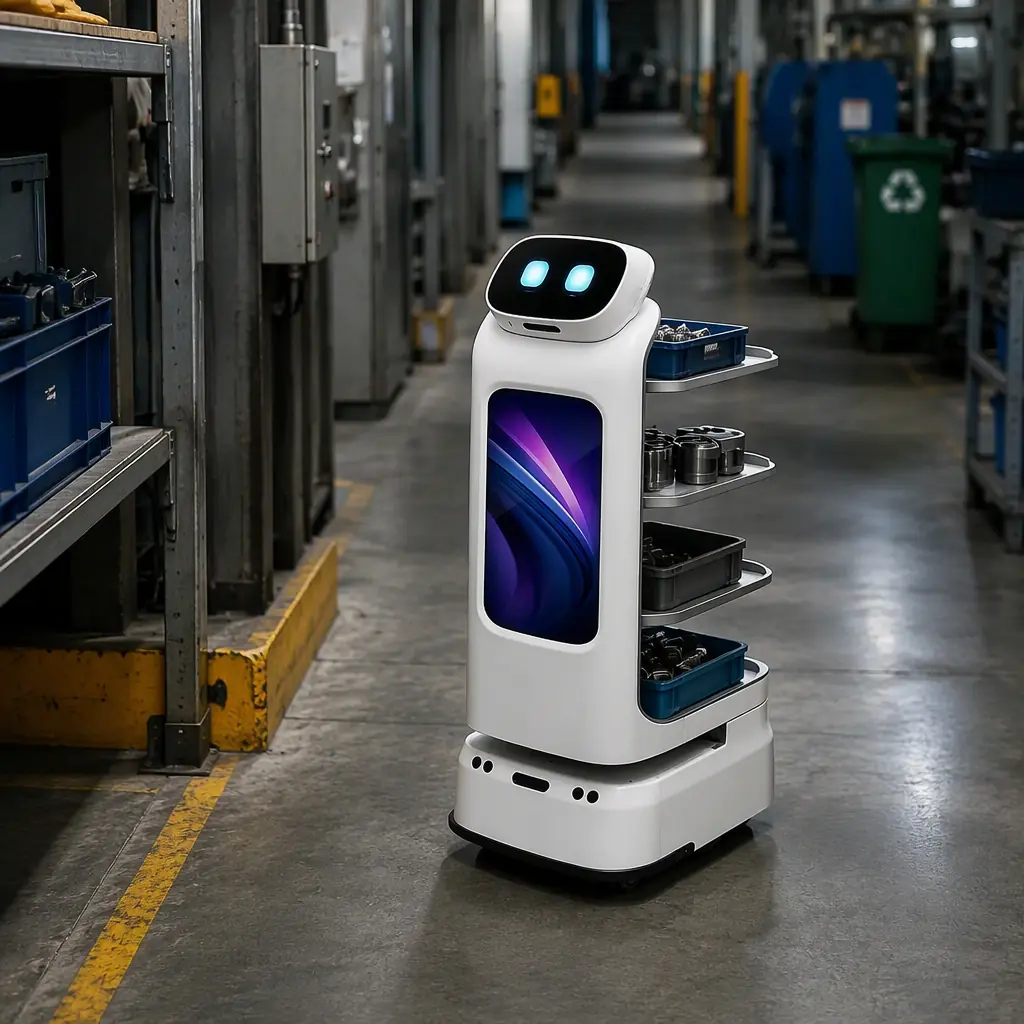 CADEBOT L100 delivery robot moving parts and tooling through the maintenance corridor of a recycling facility, industrial shelving and equipment in the background, cool practical lighting