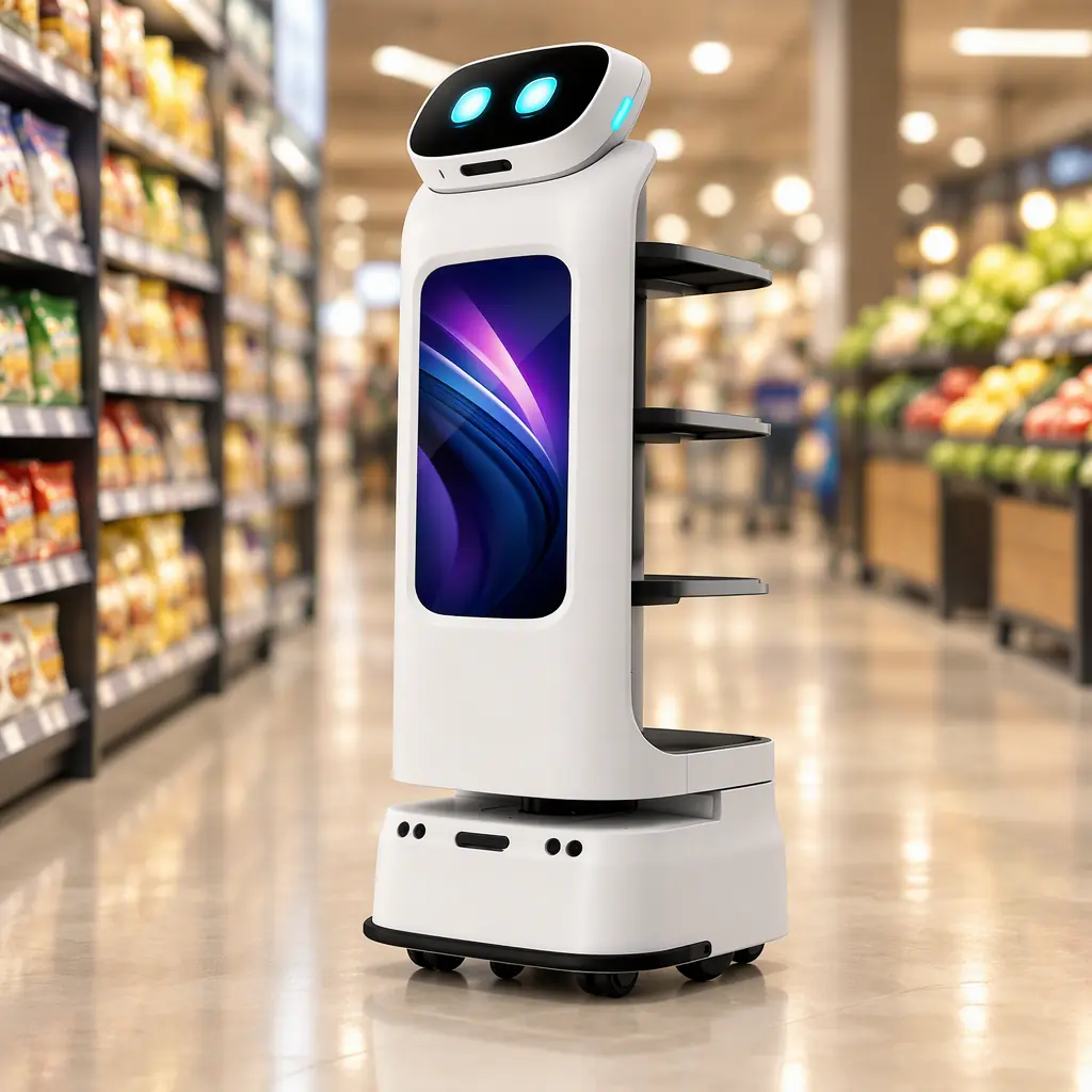 Photorealistic supermarket aisle with a service robot display unit pausing at a promotional end cap, no people faces, no text