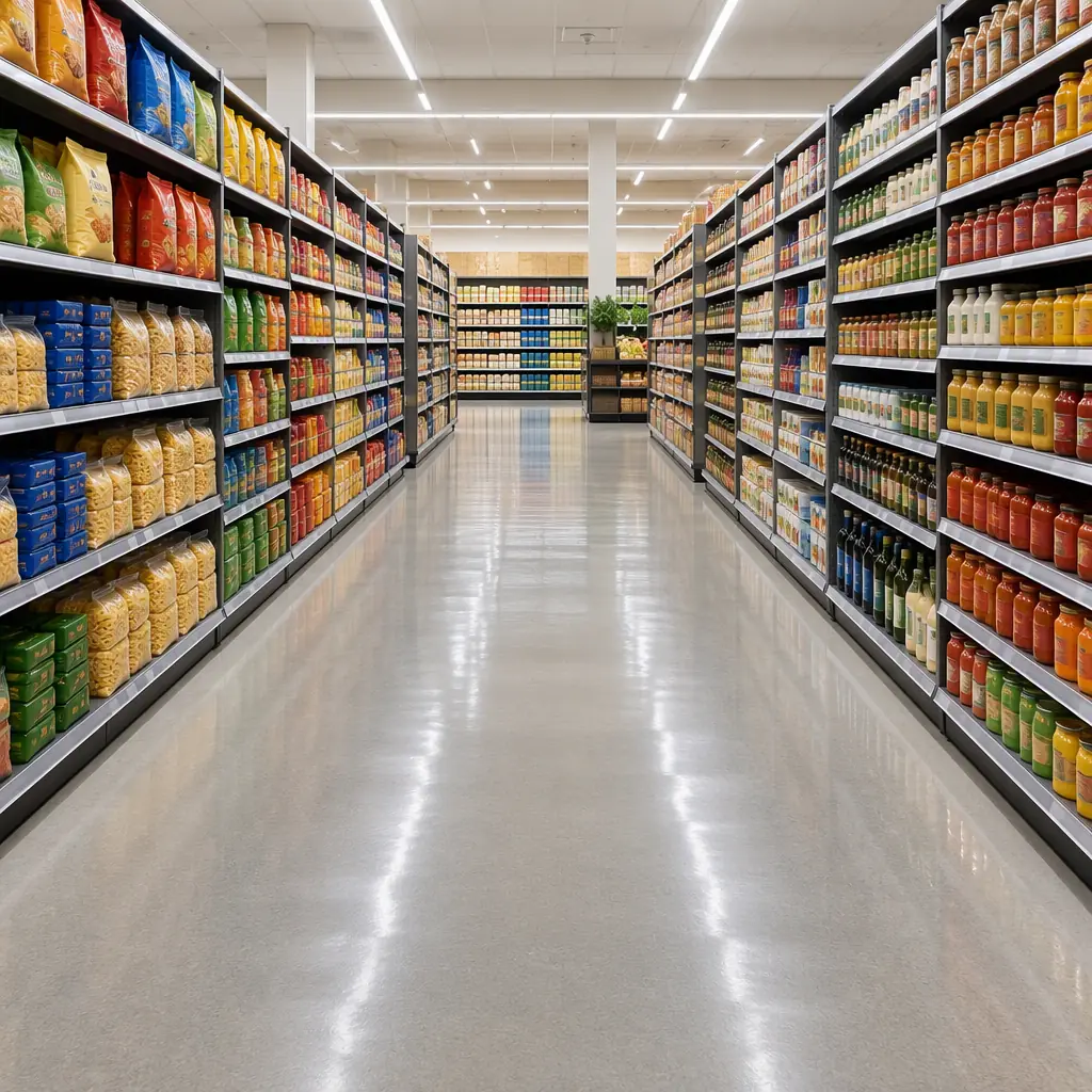 Photorealistic wide empty supermarket aisle with tall stocked shelves and glossy floor, no people faces, no text