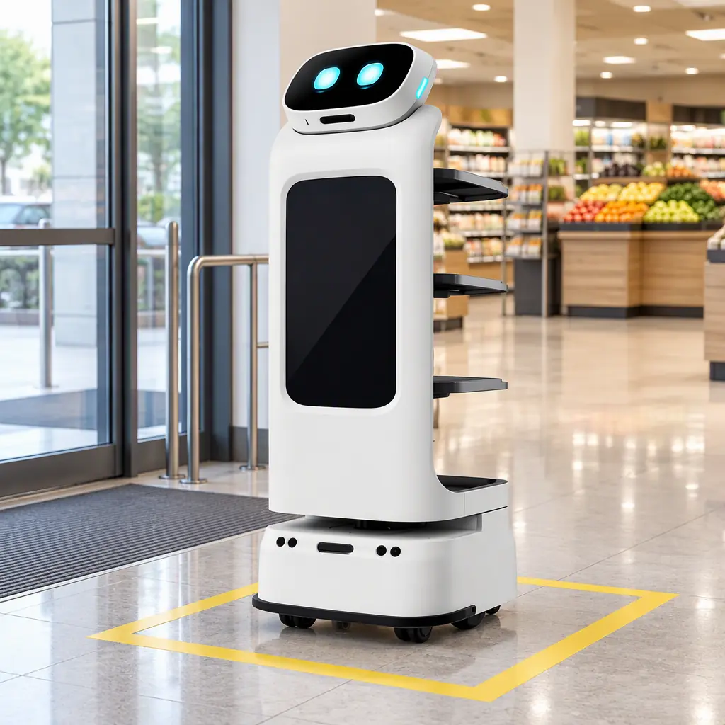 Photorealistic service robot display unit parked in a floor-marked bay at a supermarket entrance, no people faces, no text