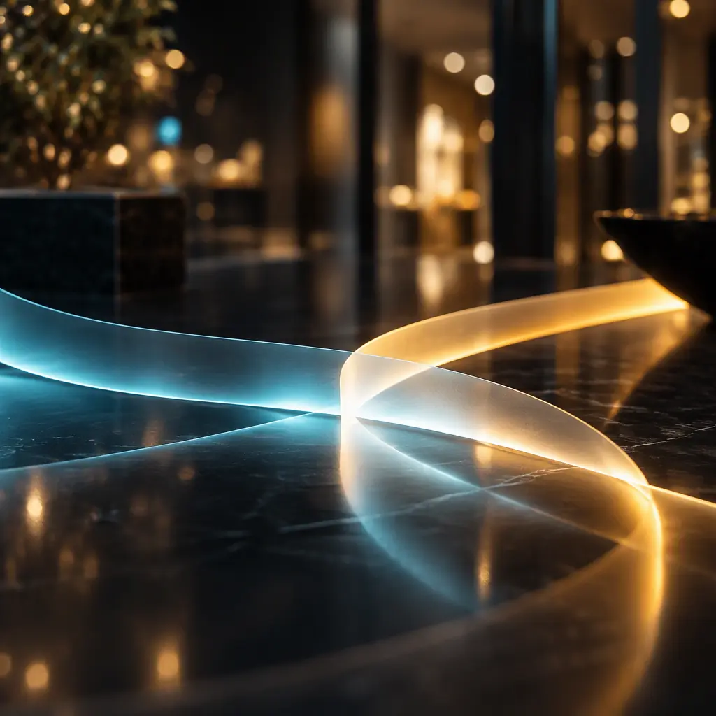 Photorealistic abstract cyan and amber light bands on a dark polished retail surface, no people faces, no text
