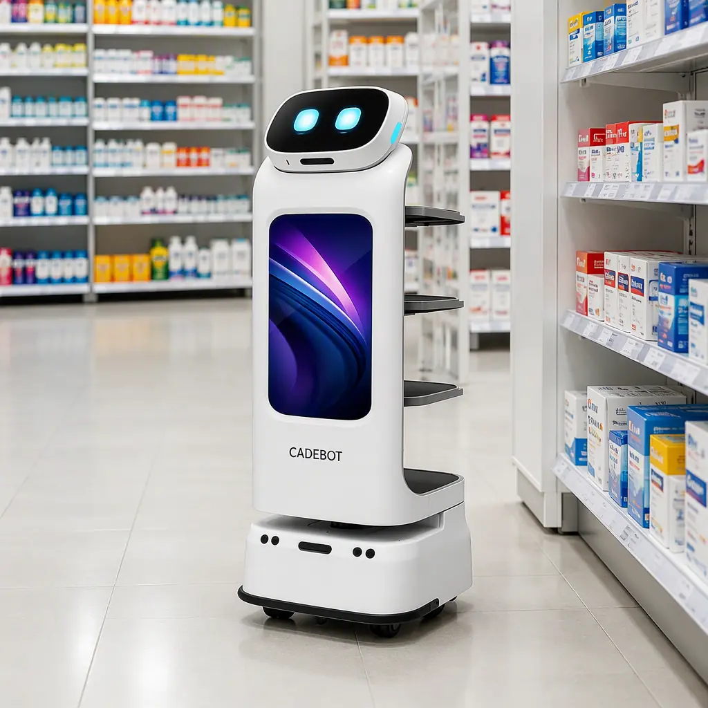 CADEBOT L100 autonomous delivery robot moving through a retail pharmacy aisle, shelves of over-the-counter products on both sides, bright clean retail lighting