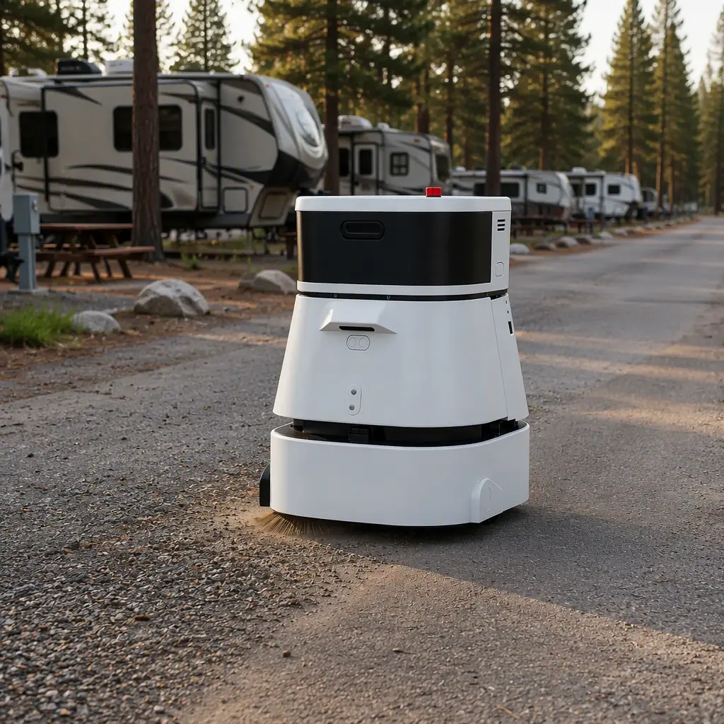 CLEINBOT CC201 outdoor sweeping robot cleaning a gravel-and-paved access road between RV campsites, parked RVs and pine trees in the background, late afternoon sunlight