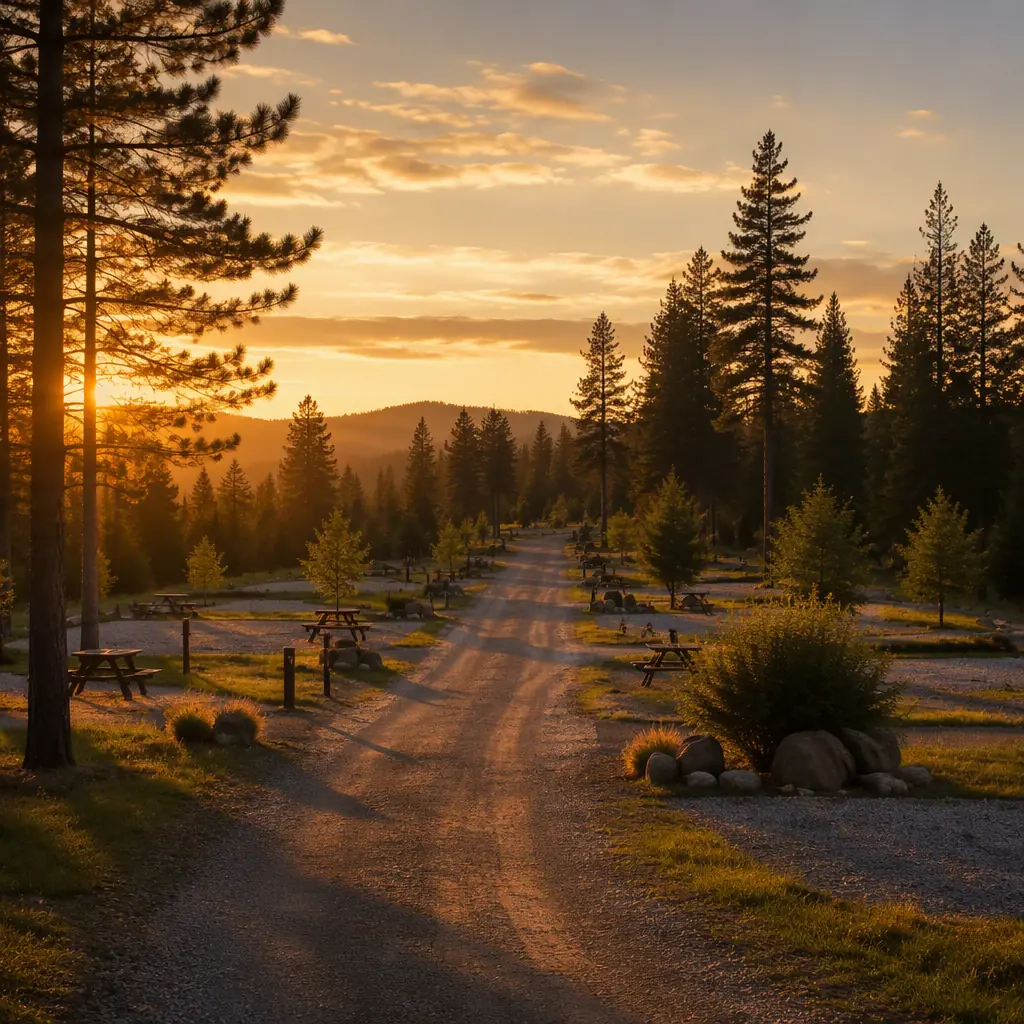 Abstract campground atmosphere at golden hour, rows of RV sites with soft warm light, gravel road receding into distance, pine forest silhouette, quiet clean mood