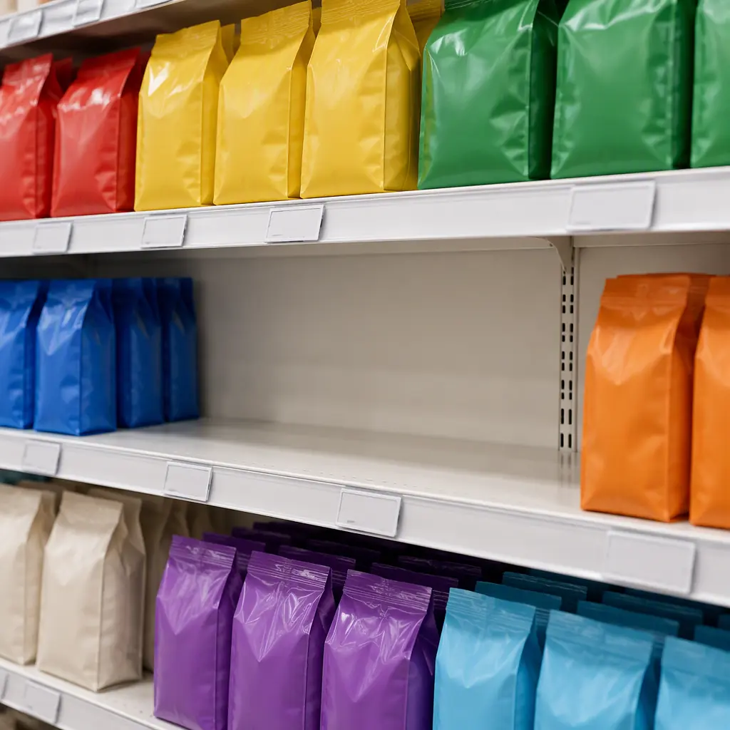 Photorealistic supermarket shelf run with a service robot scanning the aisle, no people faces, no text