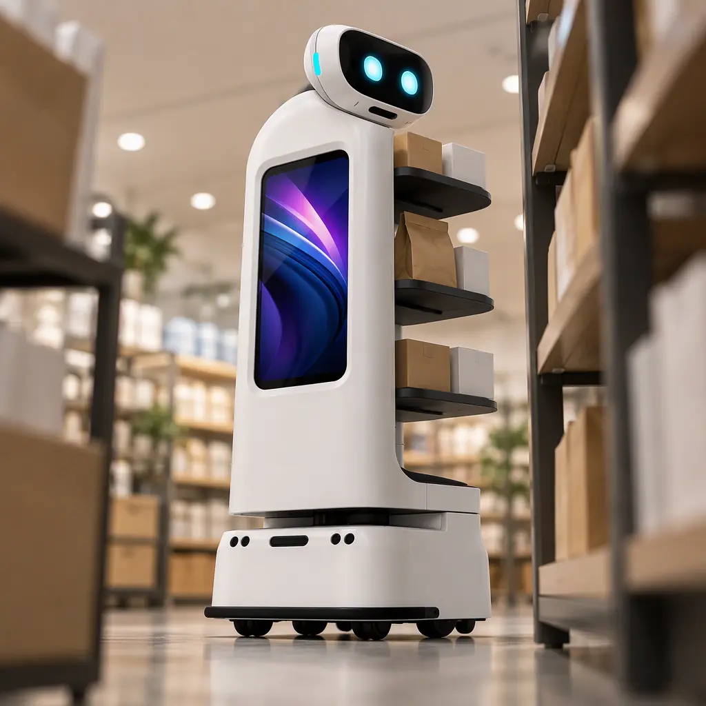 Photorealistic service robot paused at a supermarket shelf run scanning the aisle, no people faces, no text