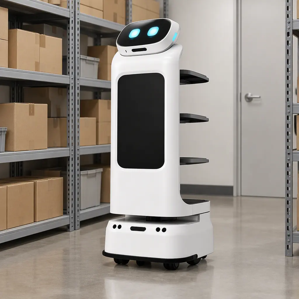 Photorealistic service robot in a back-of-store stockroom beside grey shelving, no people faces, no text