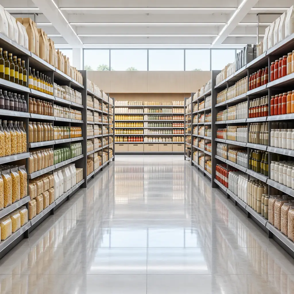 Photorealistic empty supermarket selling floor at opening hour with symmetric aisles, no people faces, no text