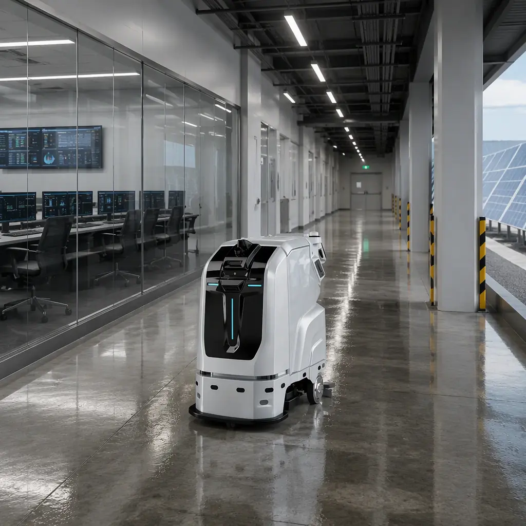 CLEINBOT M79 indoor floor scrubber cleaning the corridor of a modern solar plant O&M building, control room glass wall on one side, industrial LED lighting, photorealistic