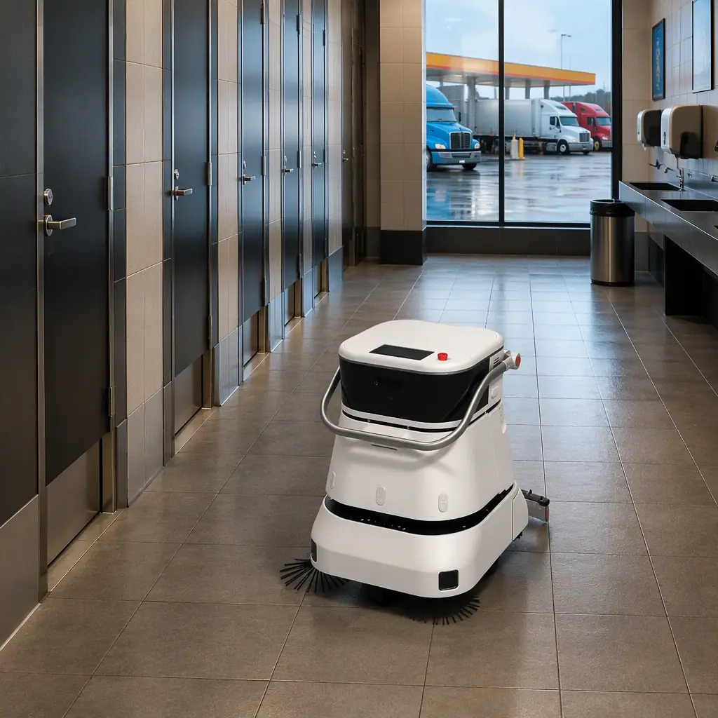 CLEINBOT C2 Pro floor scrubbing robot cleaning the restroom corridor of a 24-hour truck stop travel center, fuel island and tractor trailers visible through the window, bright practical lighting