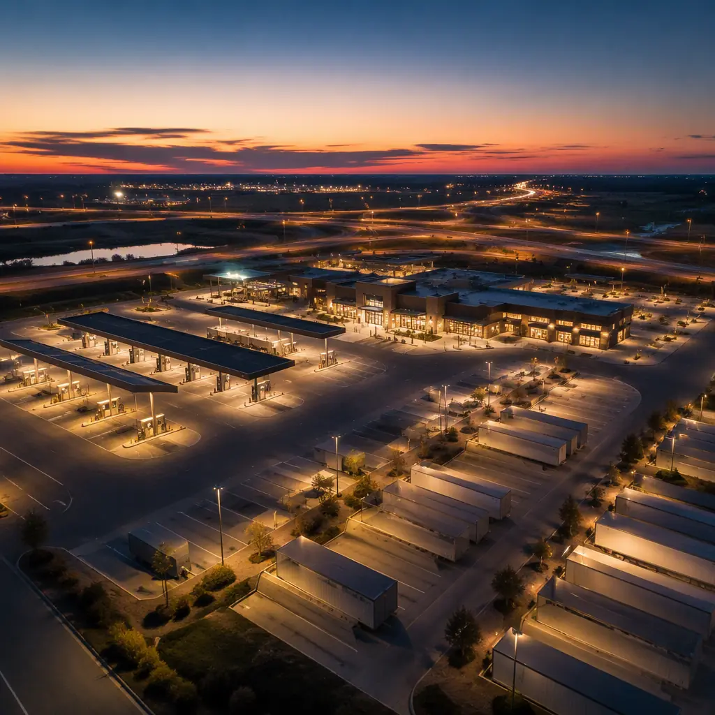 Abstract 24-hour truck stop travel center at dusk, fuel islands with overhead canopies, rows of tractor-trailer parking bays, highway interchange in the background, warm practical lights, wide angle, no robots, no people