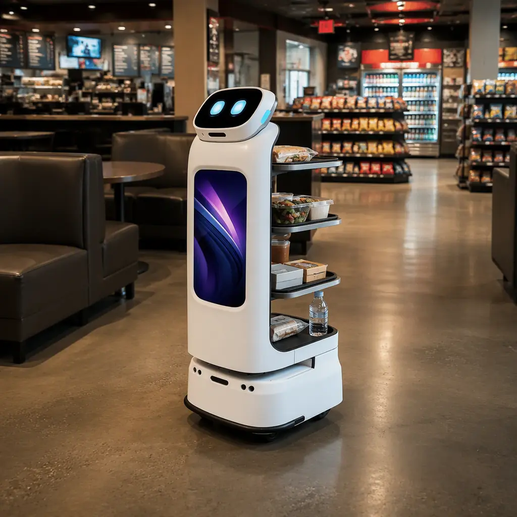 CADEBOT L100 delivery robot carrying food trays through the driver lounge of a truck stop travel center, QSR counter and c-store shelves in the background, warm practical lighting