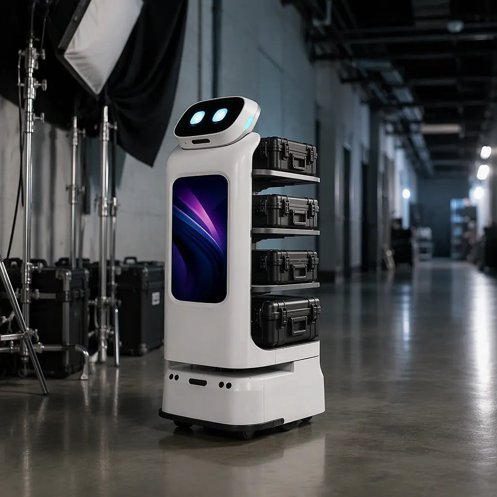 CADEBOT L100 delivery robot moving equipment cases along the corridor of a film studio lot, set lighting rigs and softbox stands in the background, cool practical light