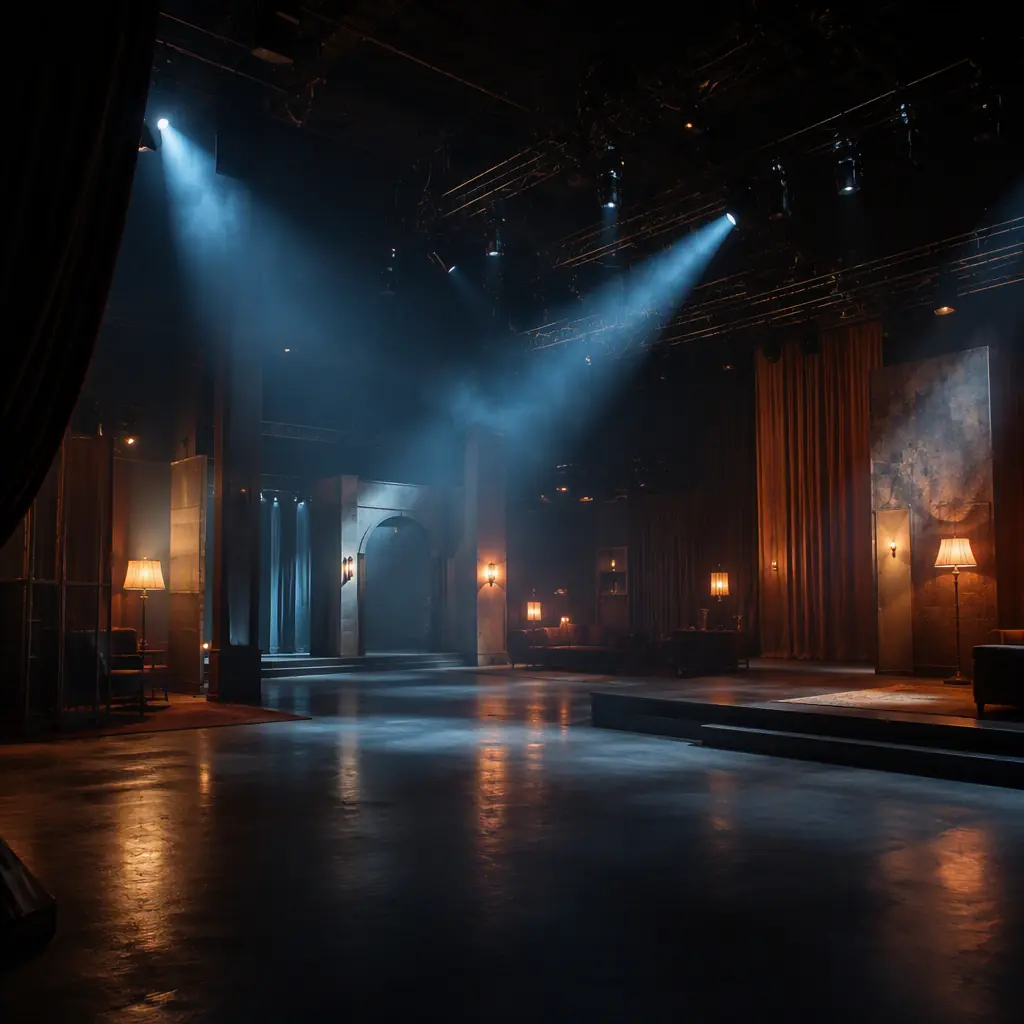 Abstract soundstage interior with hanging light rigs and soft haze in the air, dark set walls, warm practical lamps and cool key-light beams crossing the space, no robots, no people
