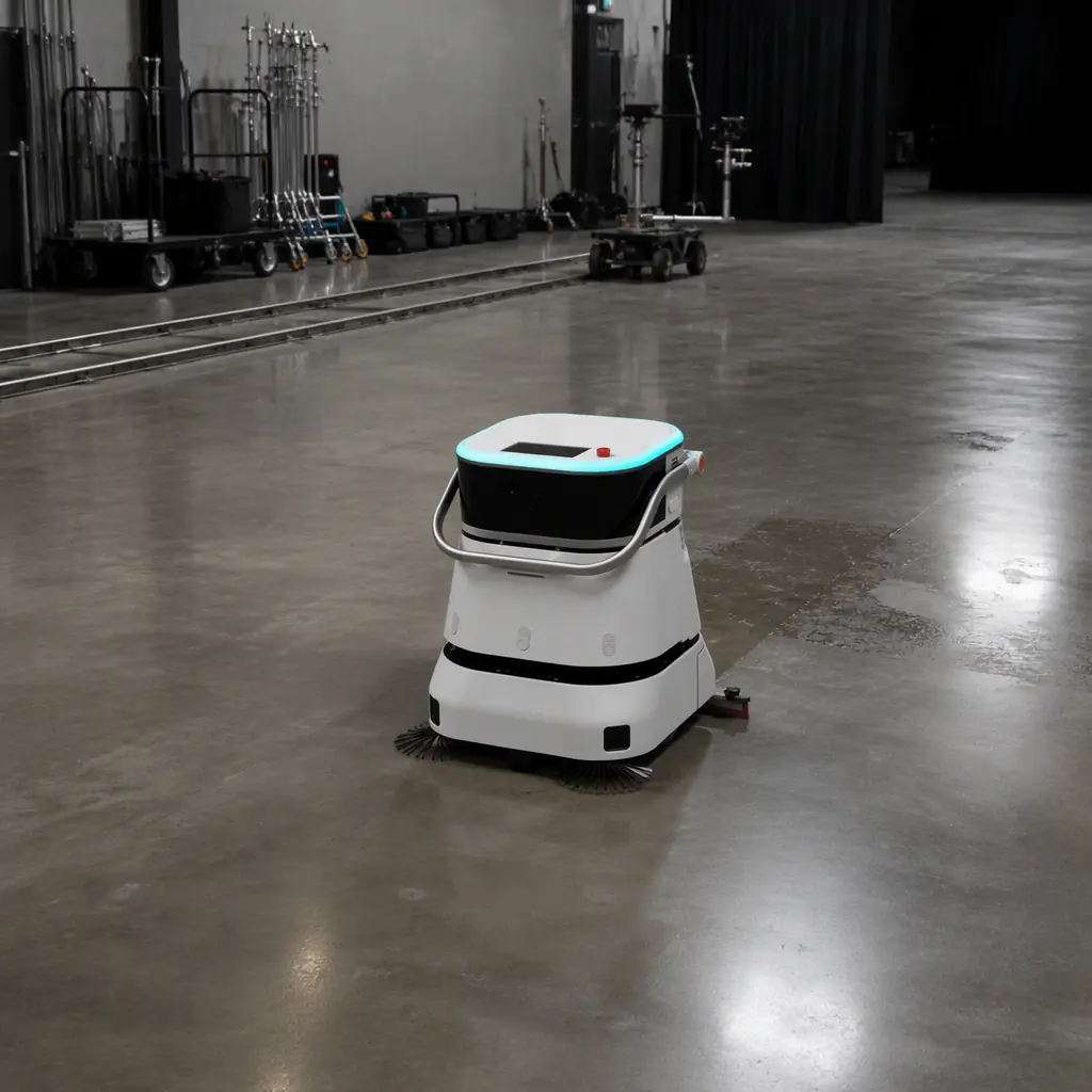 CLEINBOT C2 Pro floor scrubbing robot cleaning the polished concrete floor of a soundstage between takes, grip equipment and dolly track along the wall, soft key light, no crew present