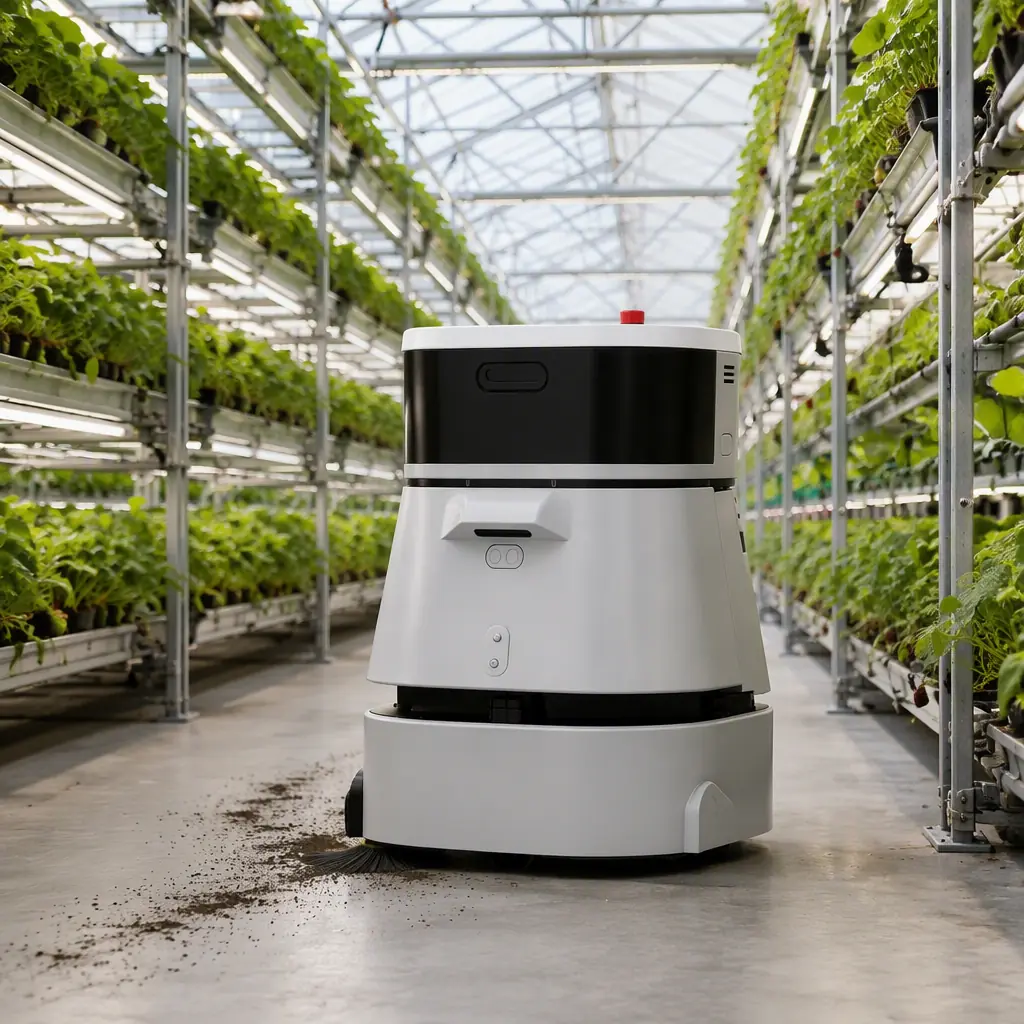 CLEINBOT CC201 outdoor sweeping robot cleaning the aisle between vertical grow racks in a large greenhouse, LED grow lights and irrigation lines overhead, diffuse daylight