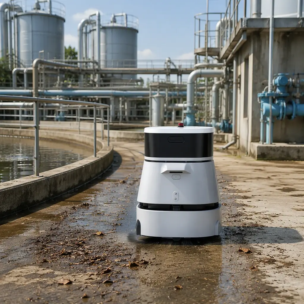CLEINBOT CC201 outdoor sweeping robot cleaning the paved yard between clarifier tanks and pump buildings at a water treatment plant, steel tanks and pipes in the background, daylight