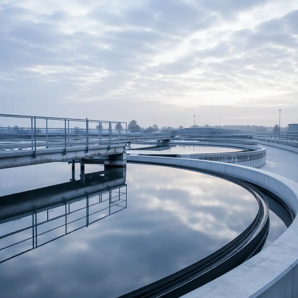Abstract industrial water facility atmosphere, row of circular clarifier tanks with calm water surfaces reflecting pale sky, steel walkways, cool blue-gray tones, clean modern infrastructure mood