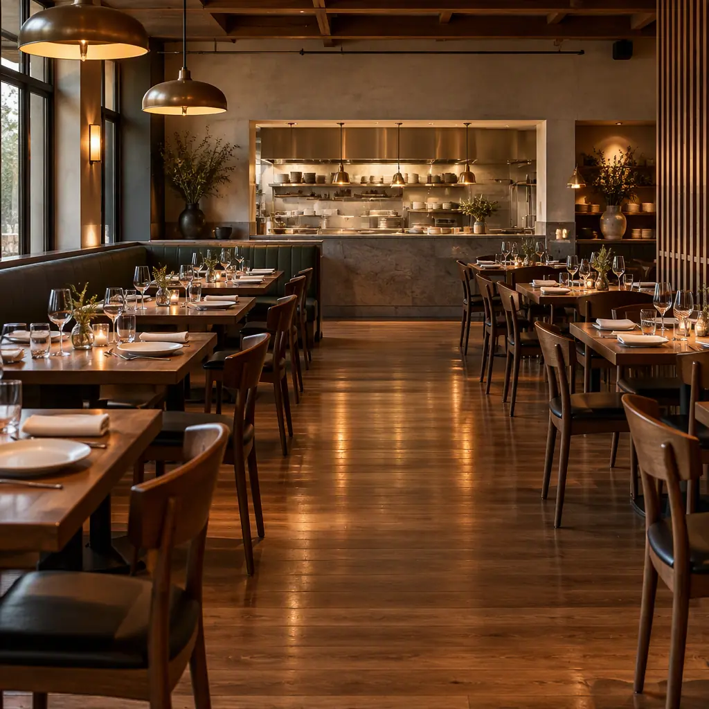 Photorealistic empty modern restaurant dining room set for service, warm pendant lighting, no people faces, no text
