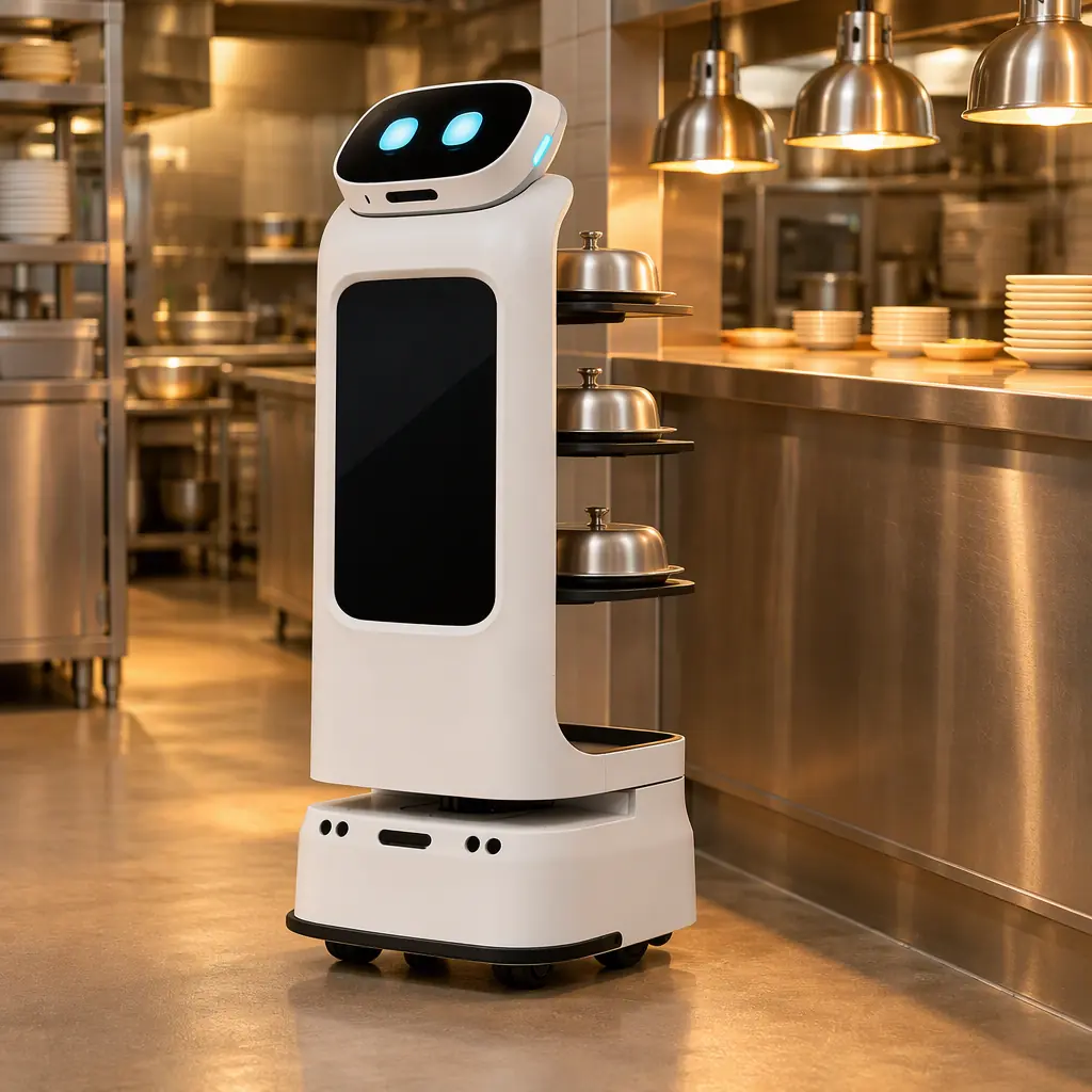 Photorealistic indoor delivery robot standing at a restaurant service pass with covered trays, no people faces, no text
