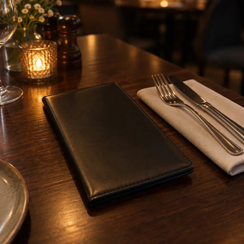 Photorealistic still-life of a plain unmarked bill folder and cutlery on a dark restaurant table, no text